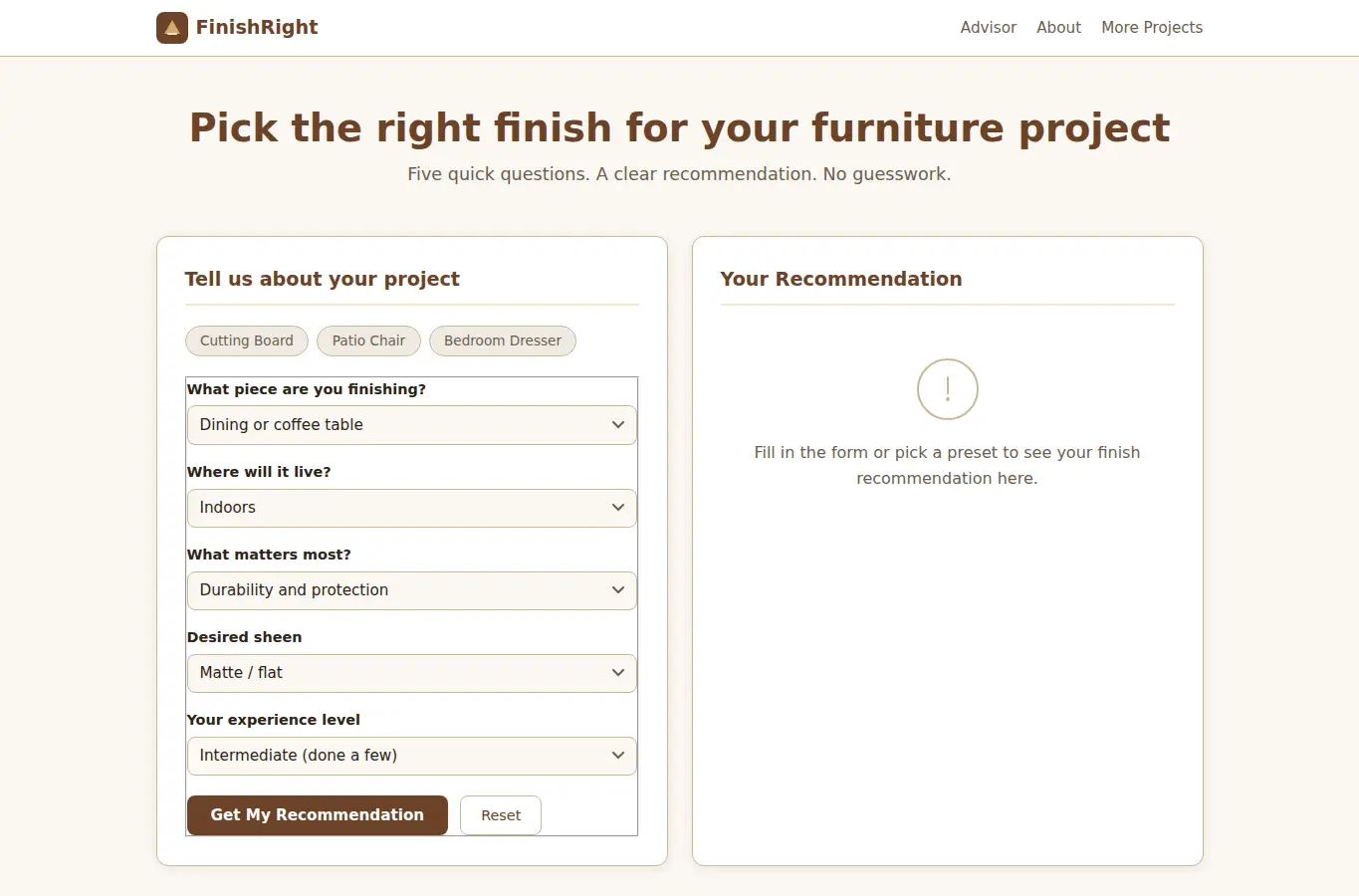 Screenshot of FinishRight: DIY Furniture Finish Advisor interface showing the project page in use